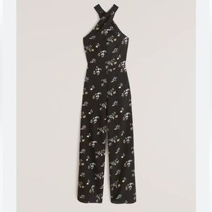 Abercrombie Twist Front Halter Black Floral Jumpsuit